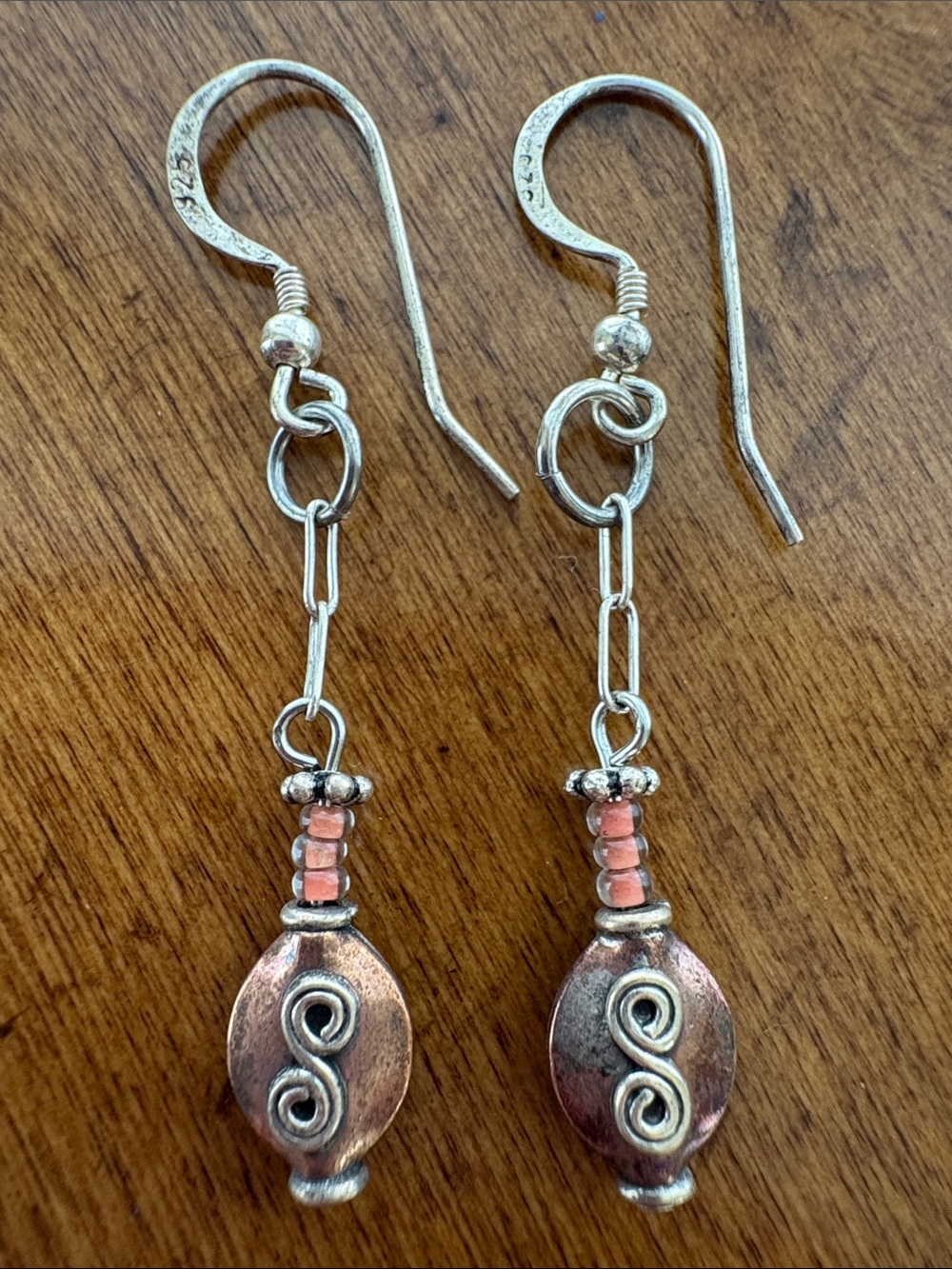 Vintage Sterling Silver Copper Tone Swirl Glass Bead Dangle Earrings 925